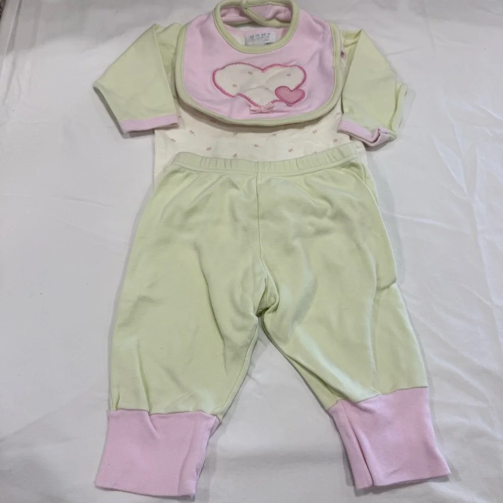 Y2K Bon Bebe Soft Pink & Green Baby Outfit with Matching Bib Size 3-6 Month